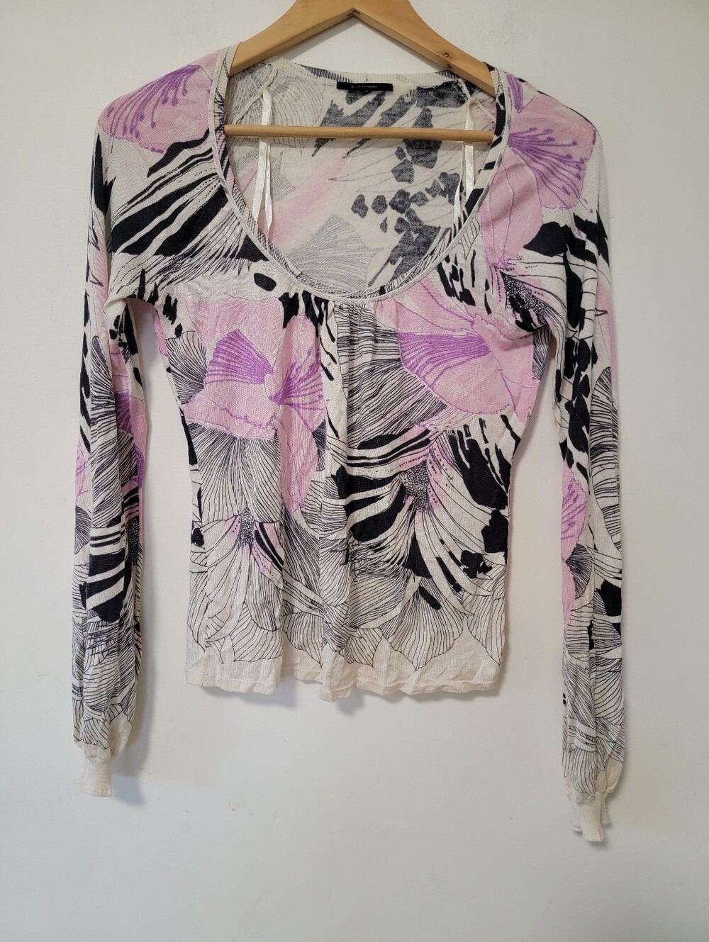 Elie Tahari Pink & Black Floral Long Sleeve Scoop Top Silk/Cashmere Blend